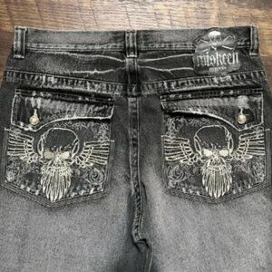 Vintage Miskeen baggy skull embroidered black whisker jean shorts jorts 36 READ